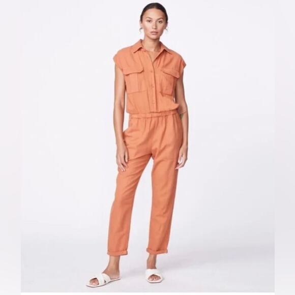 Monrow Short Sleeve Jumpsuit Orange  Cropped Size Small Retail $225 - Picture 1 of 5